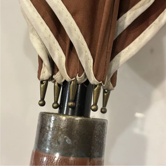 Aramis Vintage Classic Brown Umbrella Leather Handle Beige Trim 37" Never Used - Picture 7 of 8